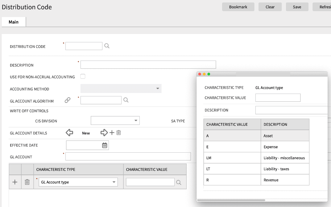 Example of searching for the characteristic value for a distribution code, with options to select a defined characteristic value.