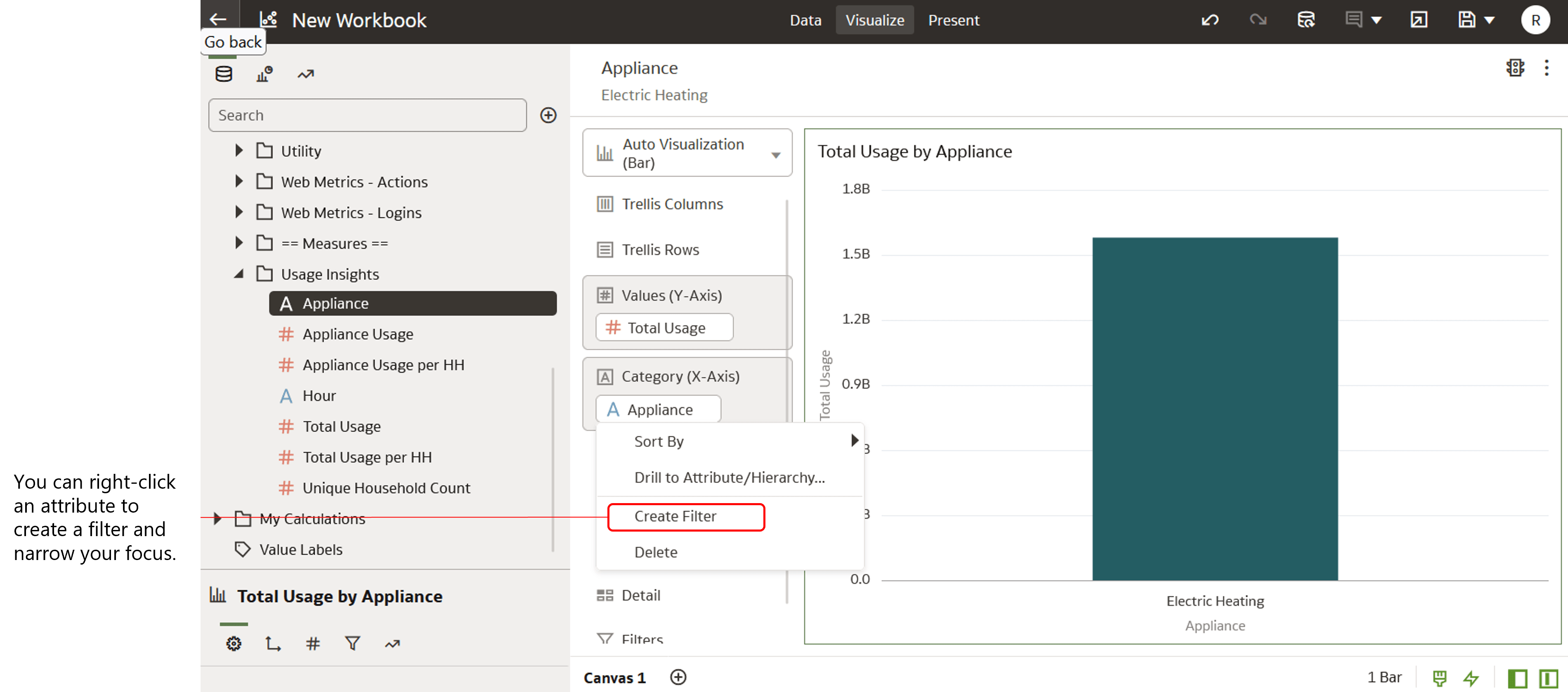 Screenshot showing how to use an attribute to filter a measure.