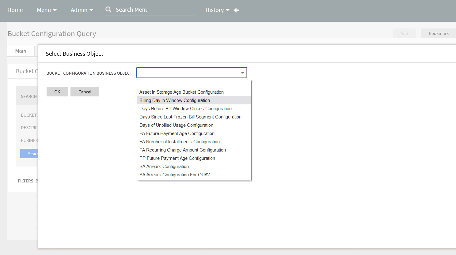 Display of the items available in the Bucket Configuration Business Objects drop-down list