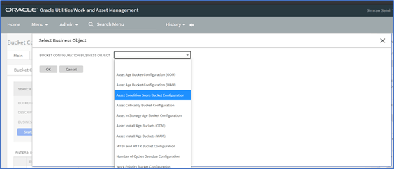 Display of the items available in the Bucket Configuration Business Objects drop-down list
