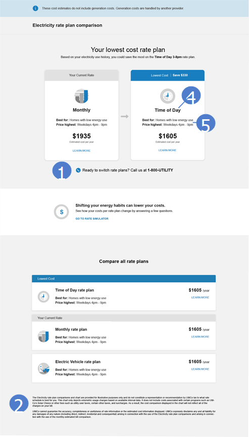 This image shows an example of the Rate Comparison widget, which compares a customer's rate plan to other available rate plans.