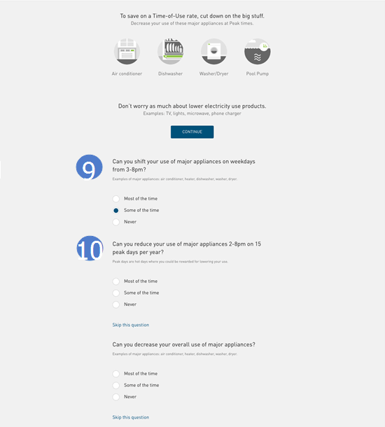 This image shows an example of the Rate Simulator, which guides the customer through questions about their energy use to determine the best rate plan for them.