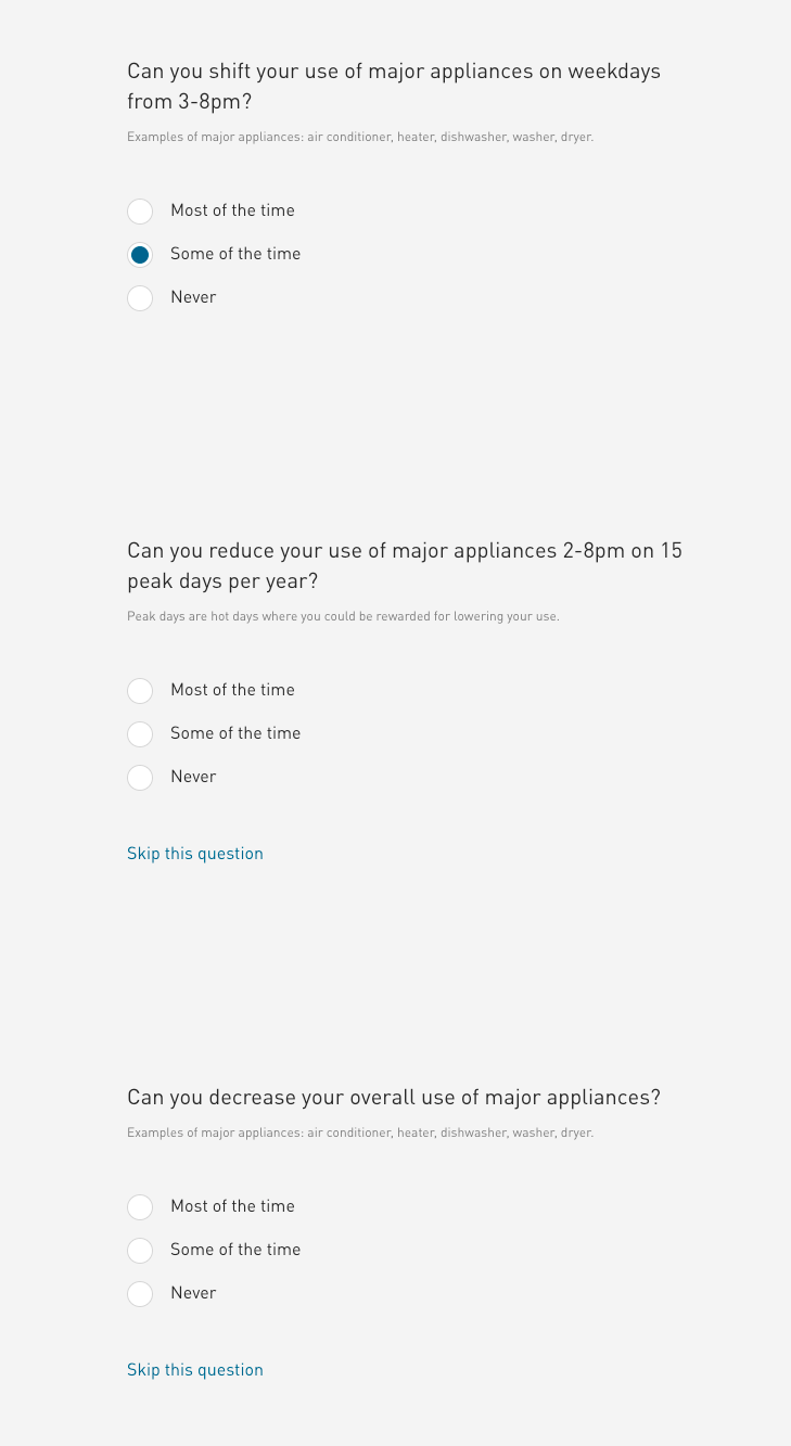 Image showing survey questions related to shifting energy use to avoid peak times, reducing energy use during peak events, and reducing overall energy use