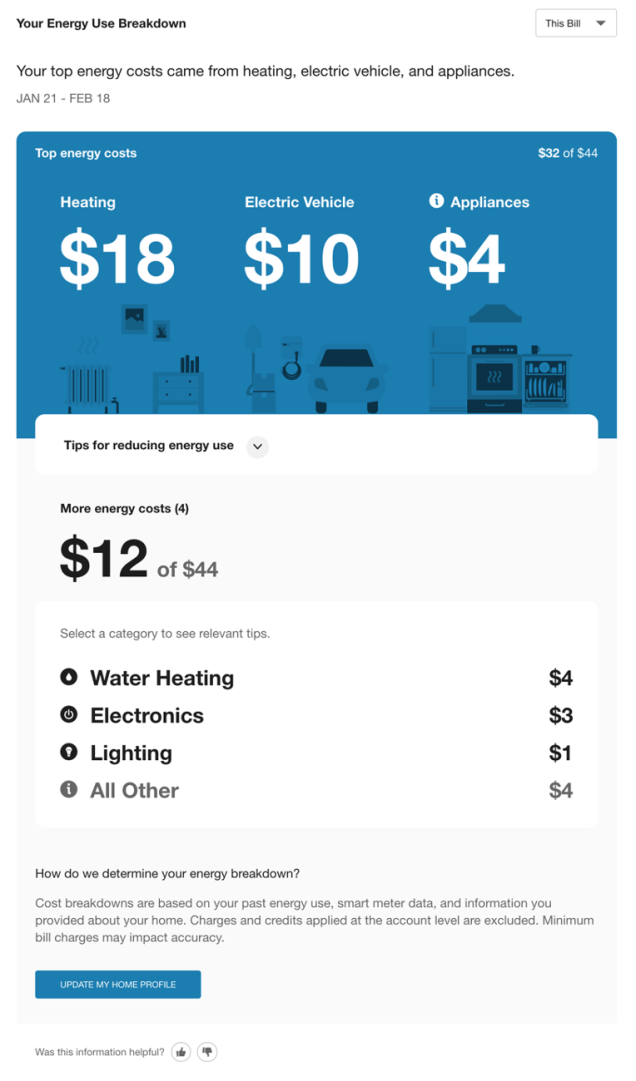 Example image of disaggregation that breaks down how the customer uses their enegry divided into three categories. 