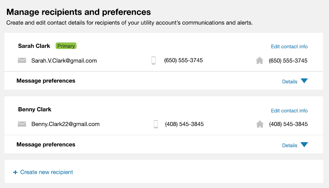 This image shows the Mange Recipients and Preferences section of the Account Center.