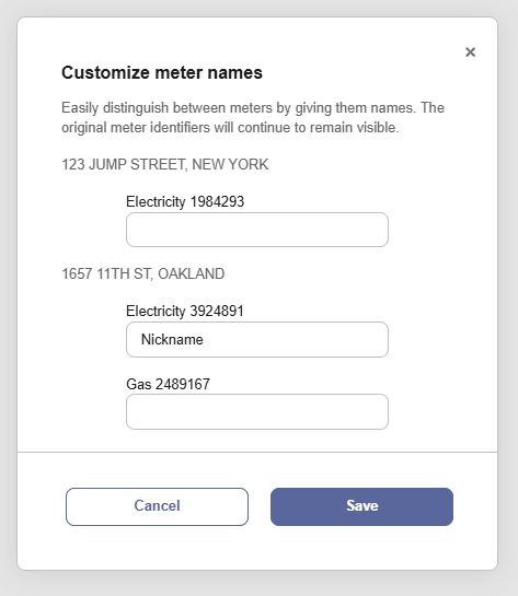 Customize meter names dialog with address-grouped electricity and gas meters, and text fields for entering custom names. Customize meter names dialog with address-grouped electricity and gas meters, and text fields for entering custom names.