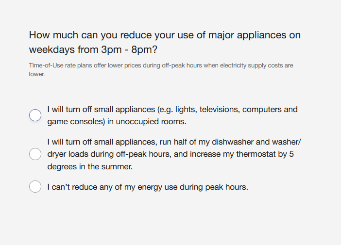 This image shows a rate simulator question related to whether the customer can shift their energy use to avoid peak hours of the day.