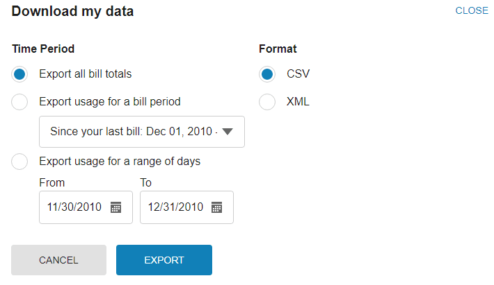 Screenshot of the Green Button Download My Data section, which alllows customers to download billing data. Options avialable for all bill totals or specific bill periods. Format options include CSV and XML.