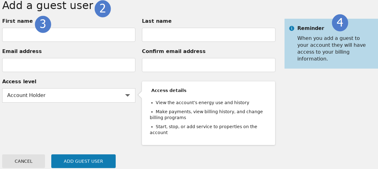 Form to add a guest user which requires inputs for first name, last name, email address, email address confirmation, and the applicable access level