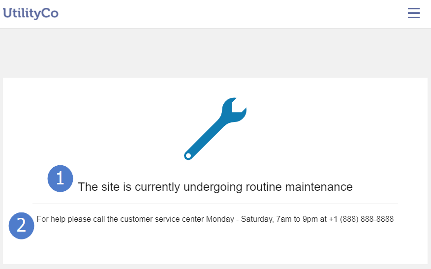 Maintenance message displayed when the site is unavailable due to a maintenance outage, including customer support information for further support