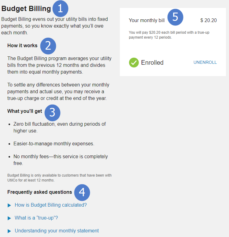 Budget billing plan description and enrollment options, along with available feature configuration options