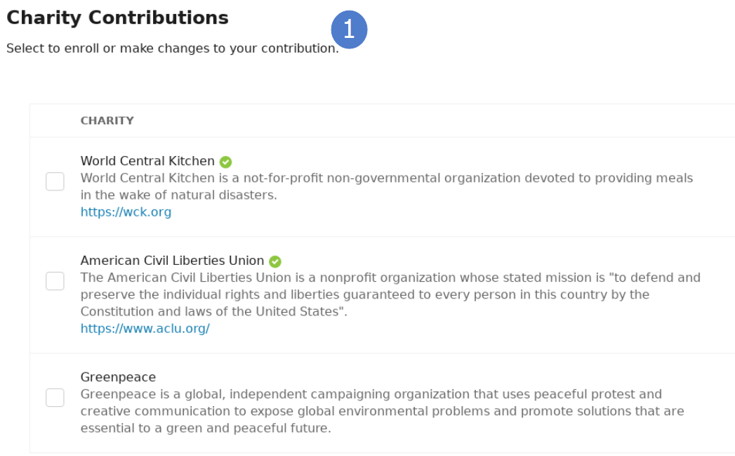 Enrollment options for charitable contributions which includes a check box to enroll in contributions to a charity along with a description of the charitable organization