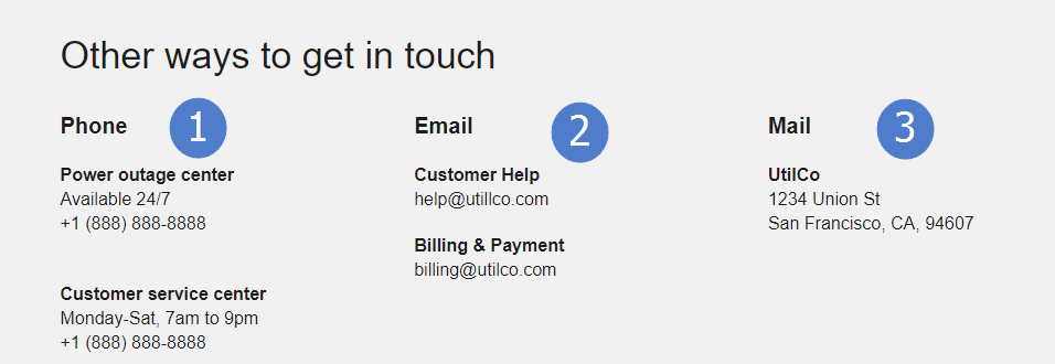 Utility contact information area for customers seeking customer support