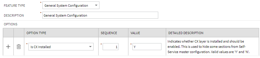 Image showing the Is CX Installed option with a value of Y for the Value column which marks the option as enabled