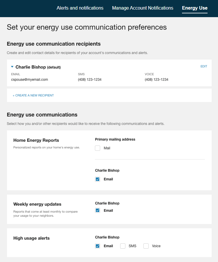 User account preferences to determine communication recipients and select with energy use communications to receive