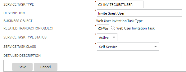 Configuration details forthe self service task type for guest users