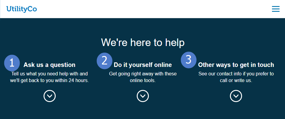 Customer support options to ask a question, find ways to complete tasks online, or reach out to the utility using provided contact information