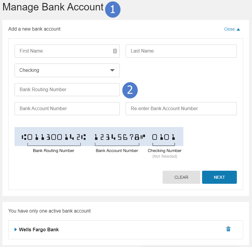 Options to manage bank accounts which includes entering bank account information to add a new back account as well as reviewing, modifying, or removing other bank accounts already saved