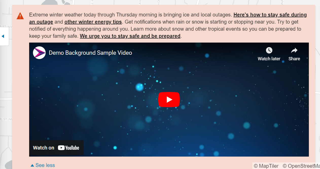 Example of an alert banner that displays alert information that is overlayed on top of an outage map and includes an embedded video