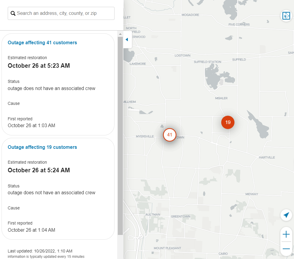 Outage map displaying the details view that lists details for the outages included in each outage marker