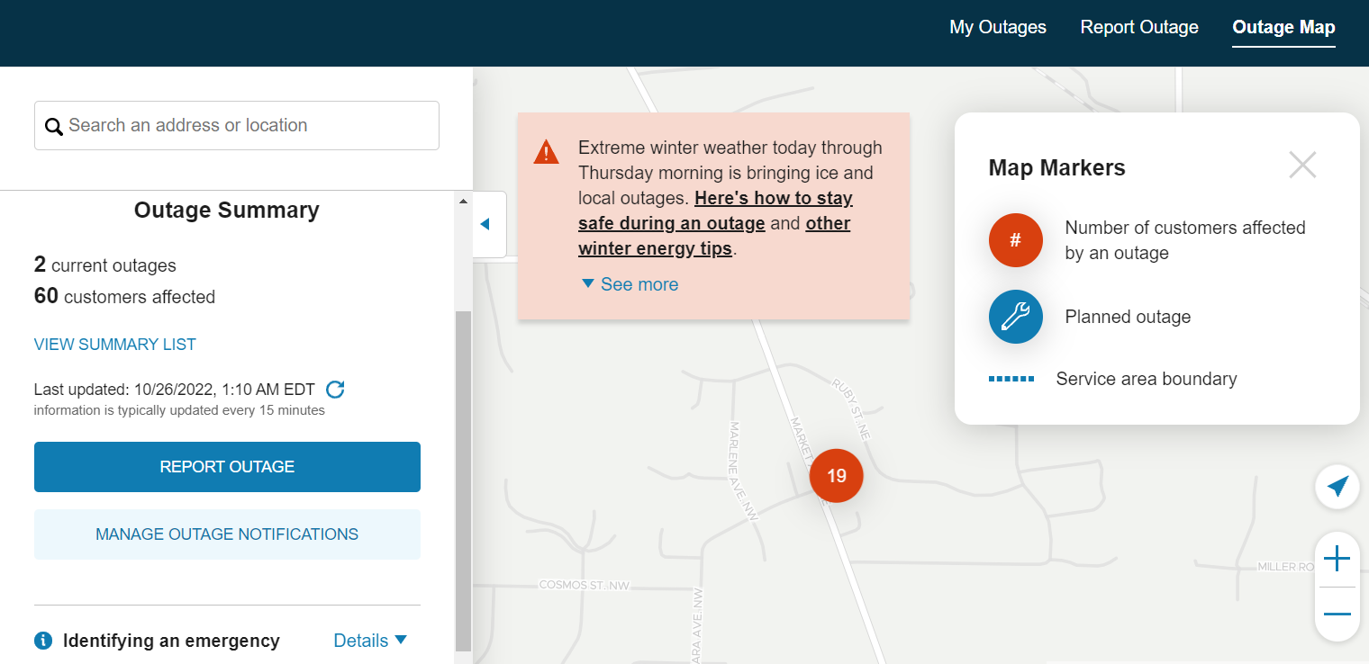 Outage map summary view showing a map of outages with markers that denote the number of outages for each marker