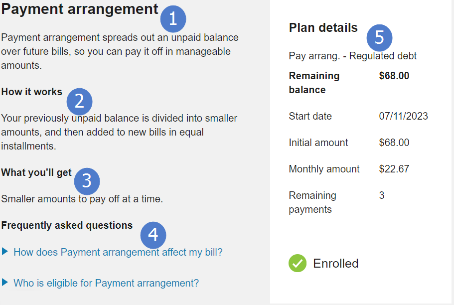 Payment arrangment plan details and enrollment options, along with feature configuration options