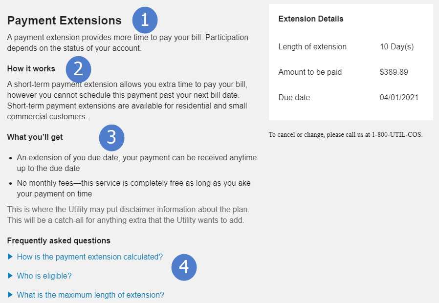 Options to enroll in a payment extension plan which gives details on the plan such as the length of extension, amount to be paid, and the due date, along with other general details on payment extensions
