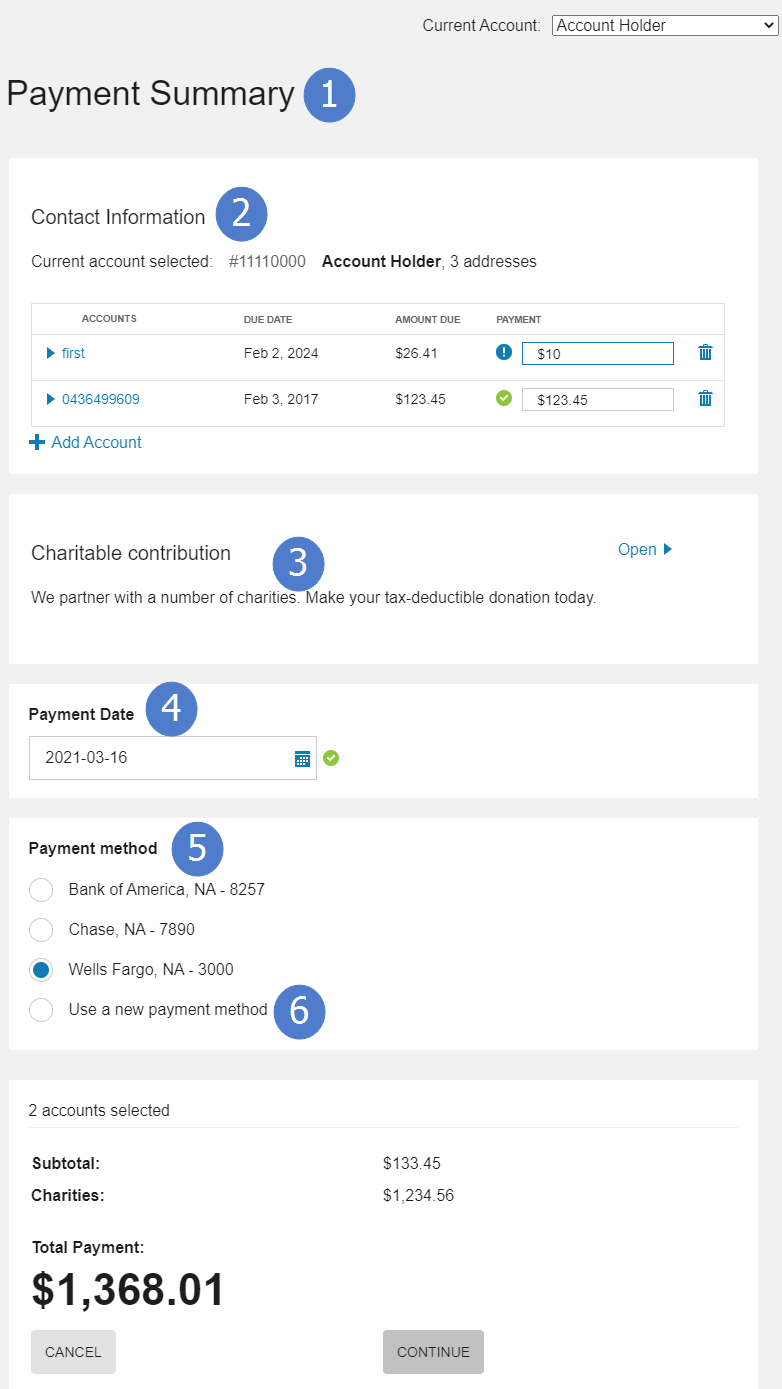 Payment summary options to define payments on one or multiple accounts, select charitable contributions, define a payment date, select a payment method, and continue with submitting a payment.