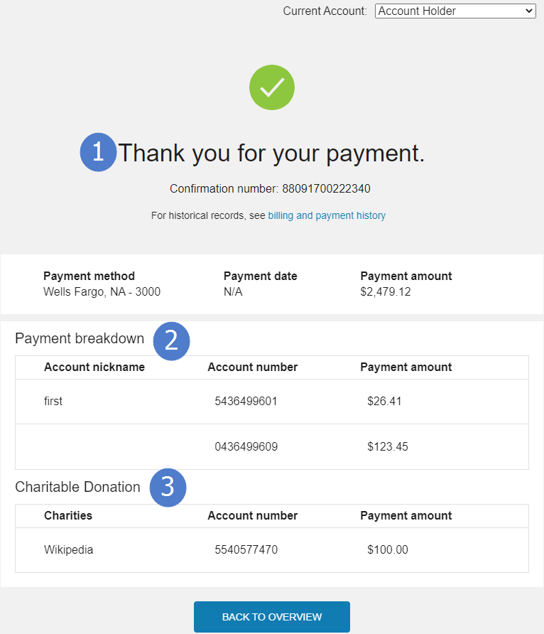 Payment confirmation which includes payment amount, payment date, payment method, and confirmation number for the payment