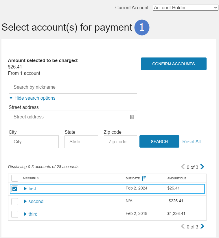 One-time payment options, which the first step allows users to search for and select accounts for payment