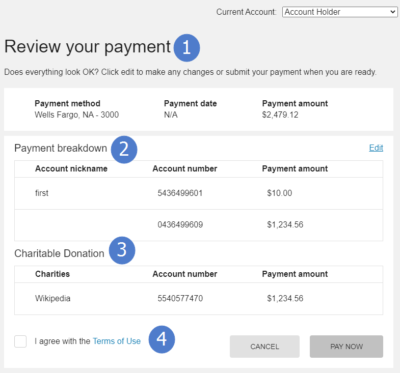 One-time payment review page to review account payment details, review terms of service, and submit all payments