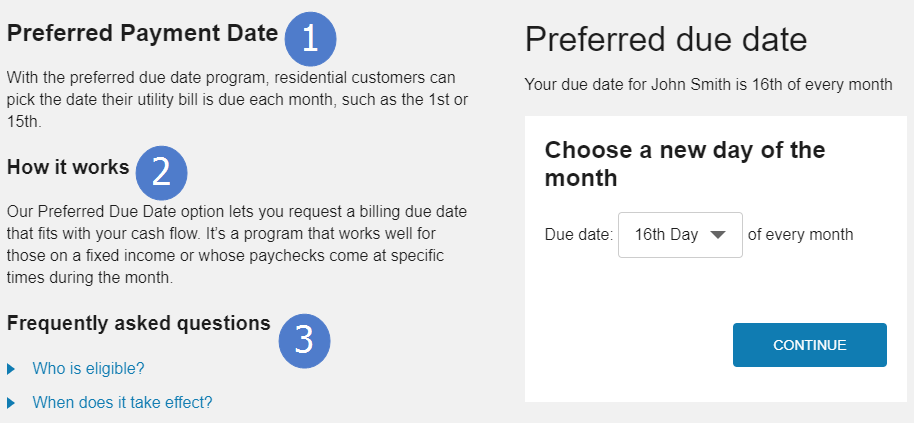 Preferred payment date options that allow customers to select the date that their utility bill is due, along with information on how preferred payment dates work
