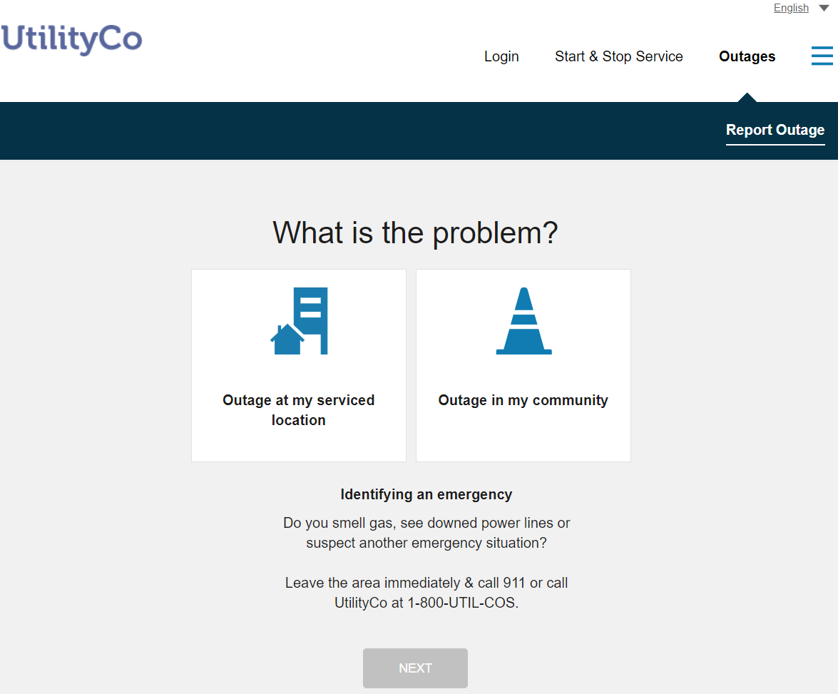 Options to report a service outage, including reporting for a customers personal service or reporting a community outage