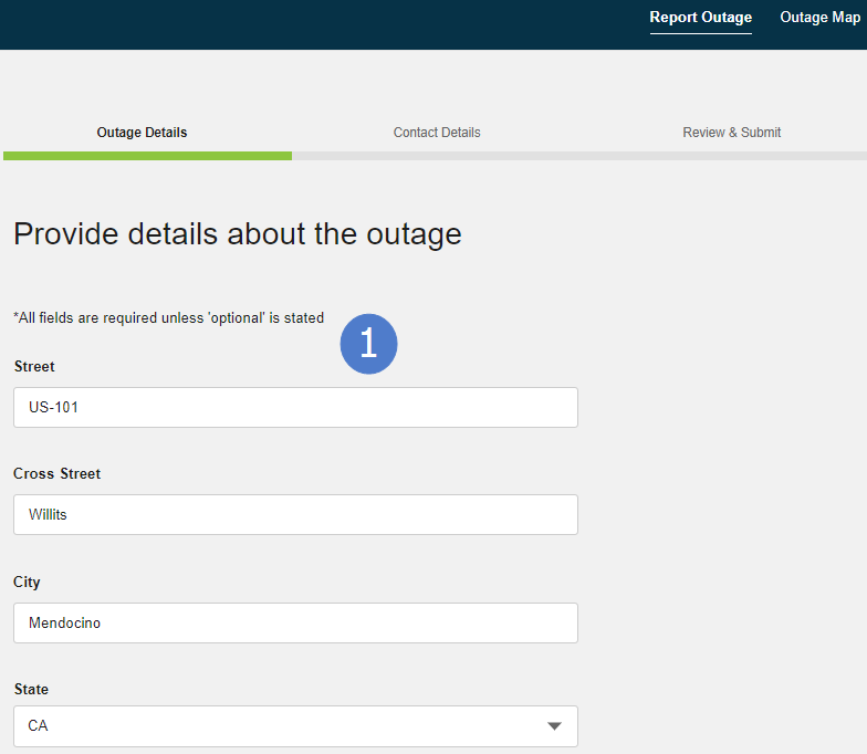 Reporting service issues outage details screen which prompts a user to enter location information and other details about their service outage