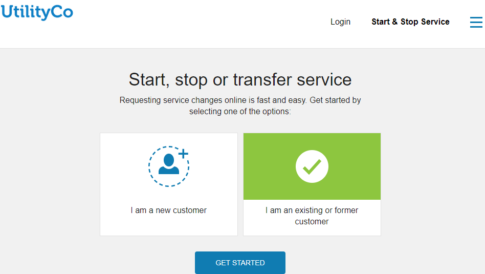 Start and stop service options with the option to start service for an existing customer selected
