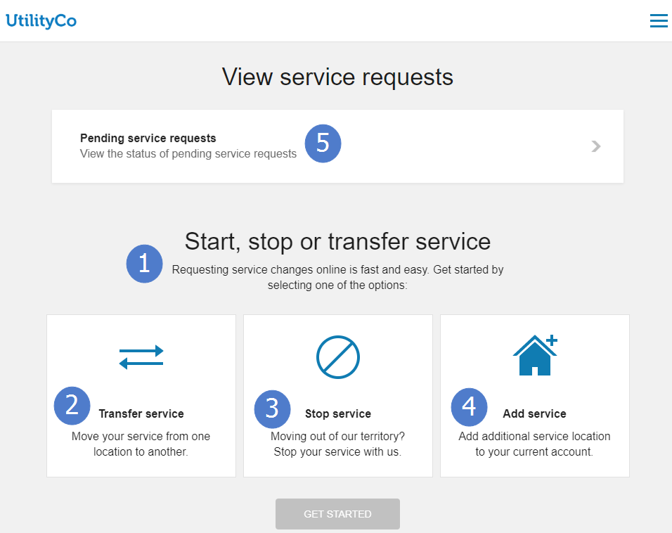 Initial screen to select the option to transfer service, stop service, or add new service for an account. 