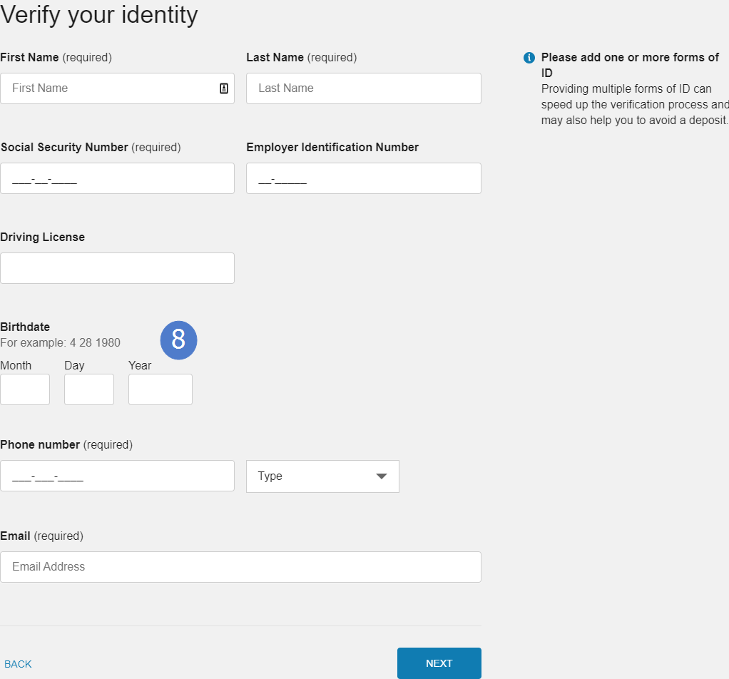 Start service step for customers to verify their identity by providing identification information such as social security number, drivers license, birthdated, and phone number