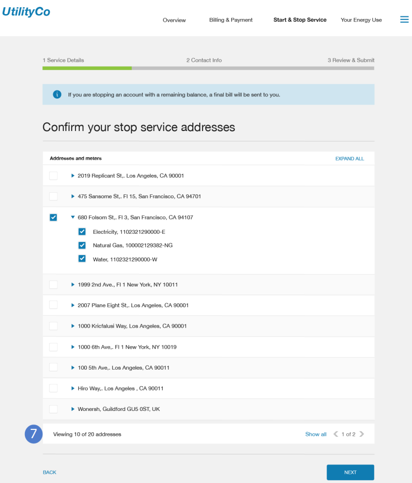 Step in a stop service request to confirm the address to stop service, including an example of an account with multiple pages of addresses to select from