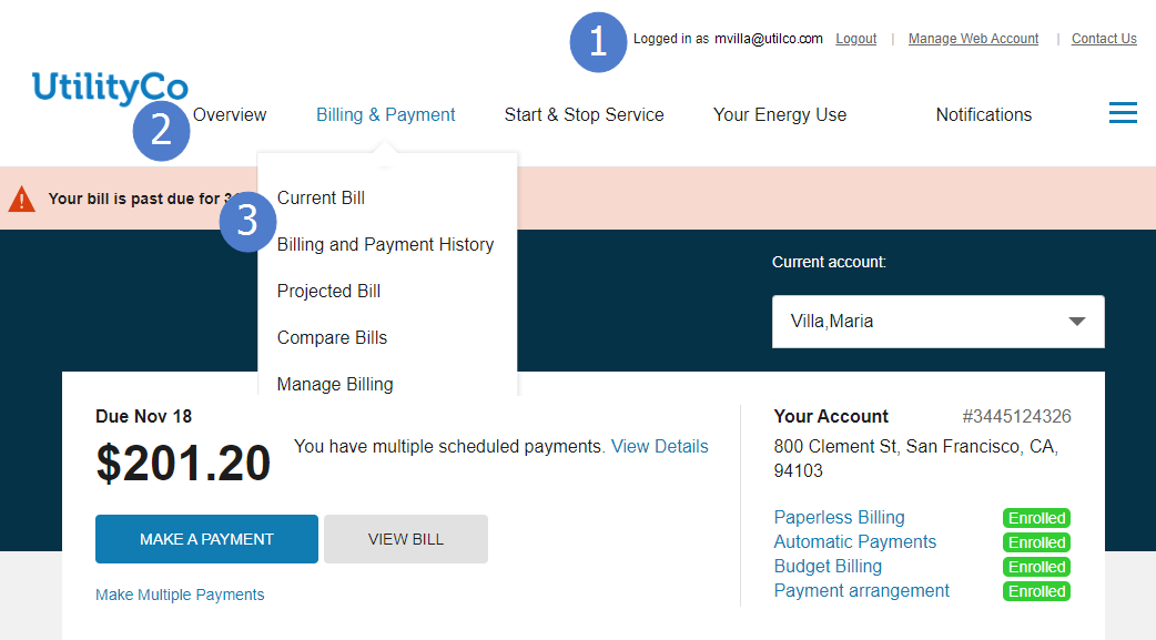 Home page with highlighted navigation items and menus