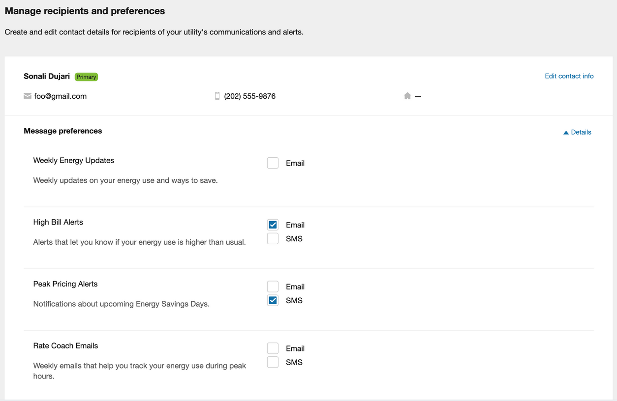 This image shows an example of how you can manage preferences by recipient.