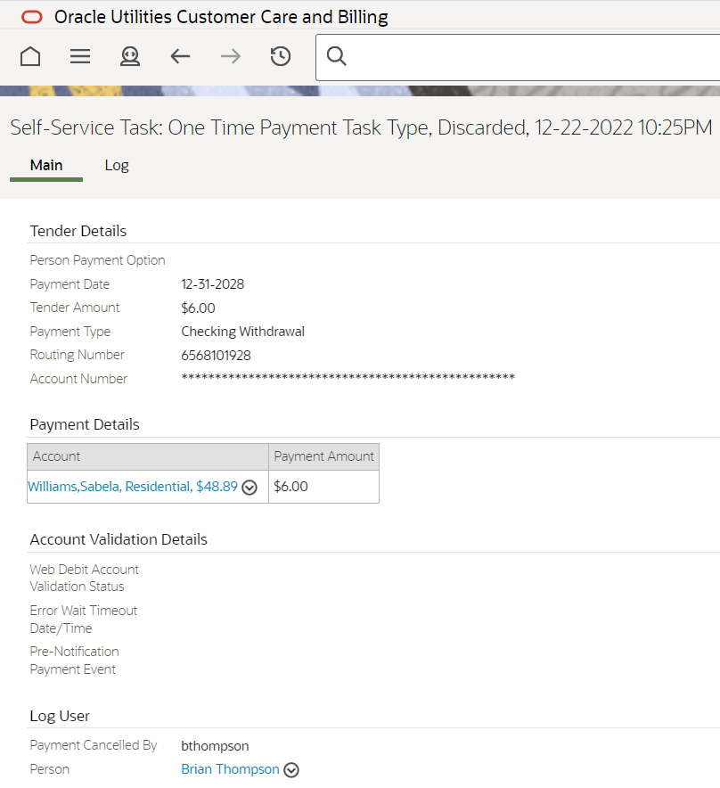 Details about a canceled payment which includes a log user area with details on the user that canceled a payment