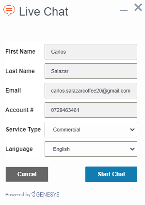 Pop up window displayed when selecting the chat option which customers can use to verify their information and then begin a chat session for customer support. 