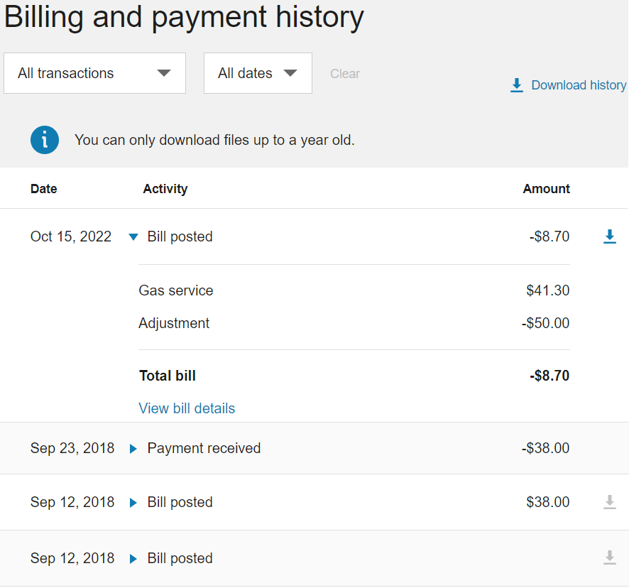 Customer billing and payment history is displayed which allows customers to select transaction types and dates to view and based on these selections, applicable historical actions are displayed such as posted bills and payments received