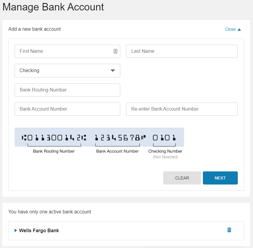 Options to manage bank accounts which includes entering bank account information to add a new back account as well as reviewing, modifying, or removing other bank accounts already saved