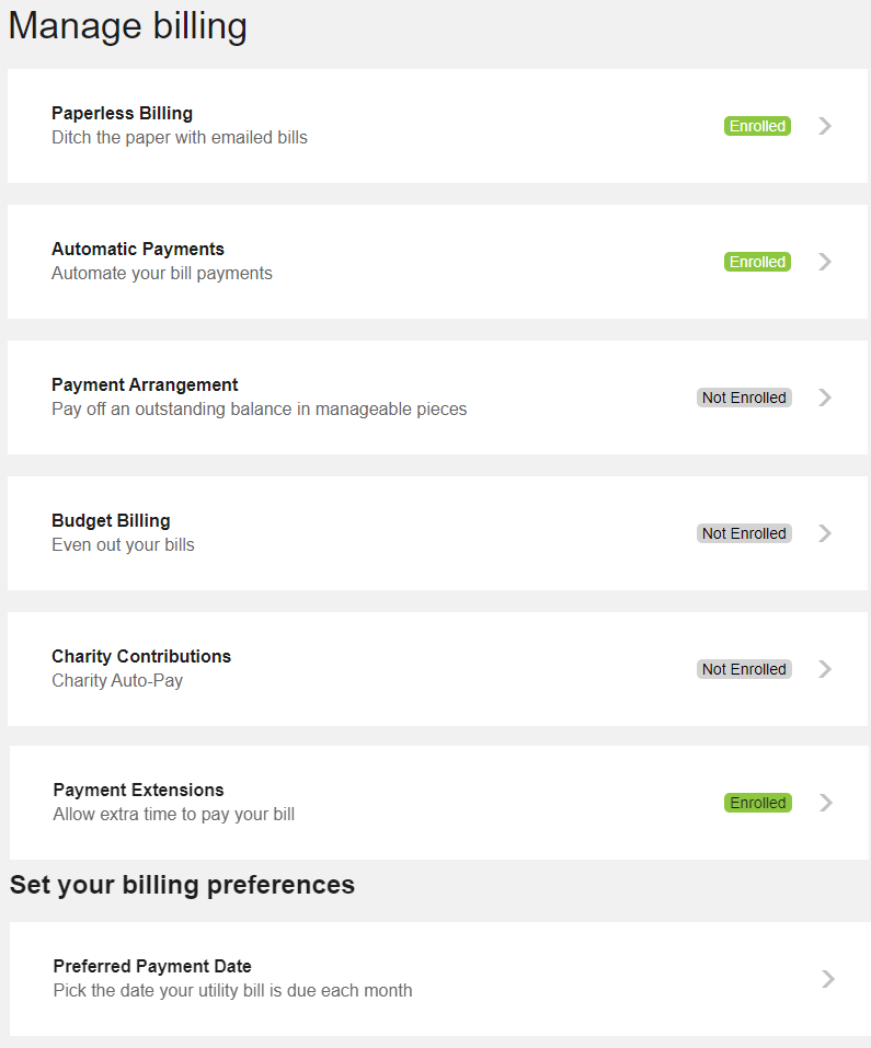 Manage your bills options that show the enrollment status of programs such as paperless billing and automatic payments, along with links to change your enrollment status