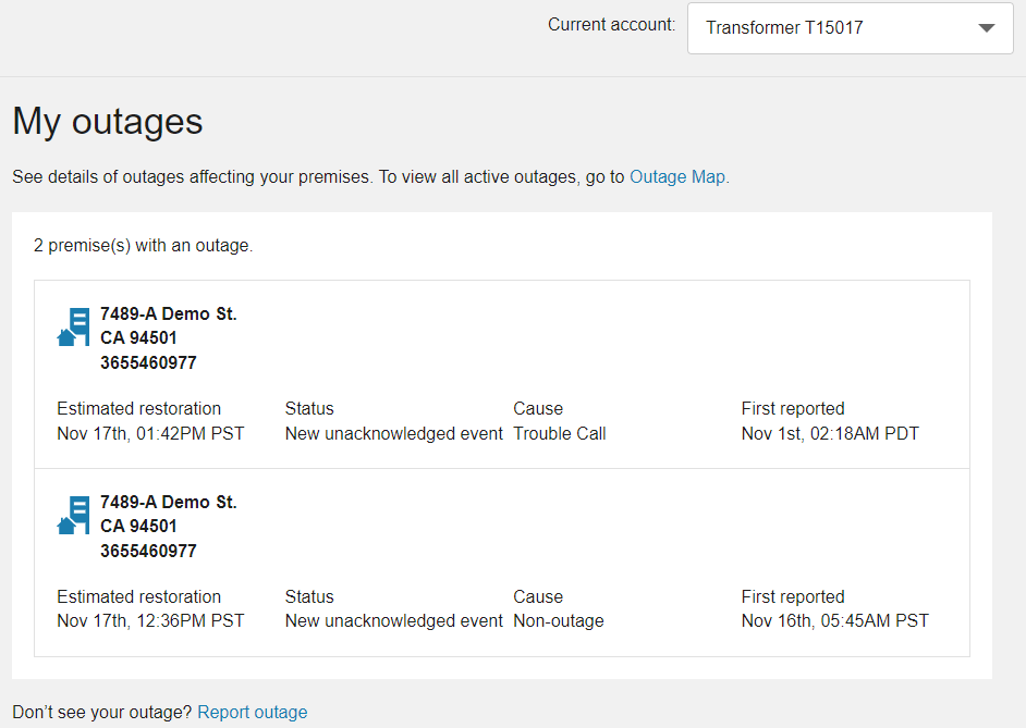 My outages page which allows for selection of an applicable premise which then lists each applicable outage with details such as location, estimated restoration time, cause, and time of first reporting