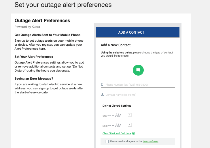 Outage notification and alert options and preferences, including information on the available options and links to sign up for outage notifications and alerts