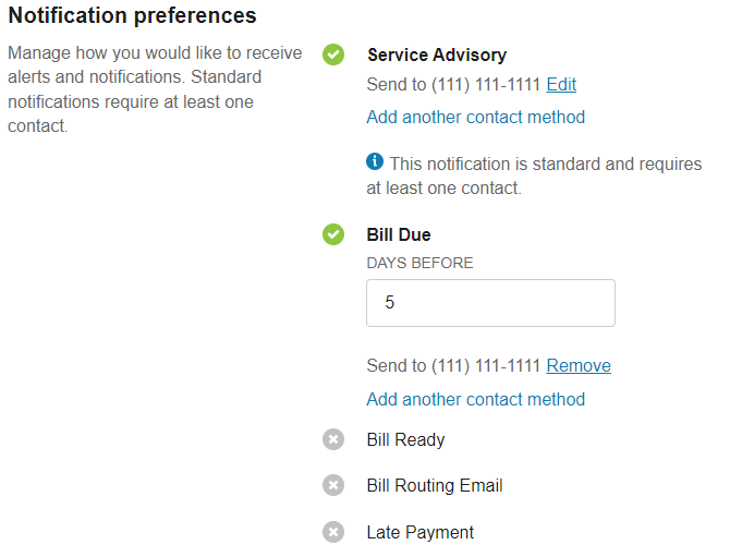 Notification preferences for outage notifications that allow for selection of which notifications to recieve as well as select contact methods for each notification