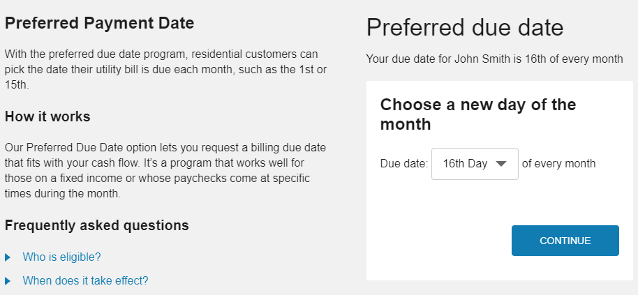 Preferred payment date options that allow customers to select the date that their utility bill is due, along with information on how preferred payment dates work