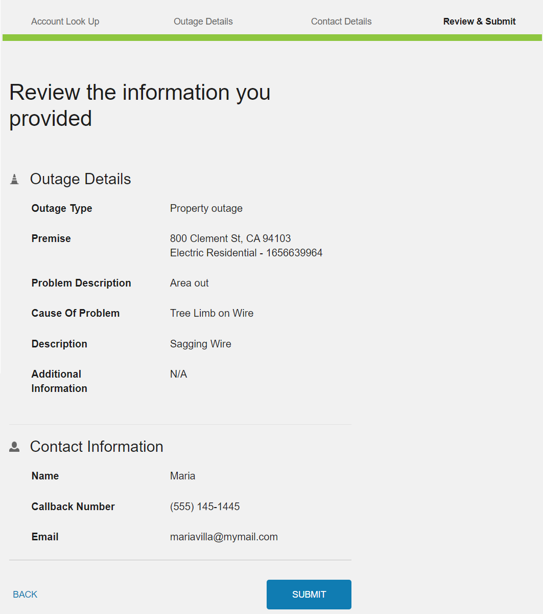 Final page when reporting an outage which provides a summary of the issue details entered by a customer and allows for submitting the issue